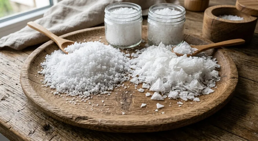 Ahşap tabakta Fleur de Sel ve Yaprak Tuz